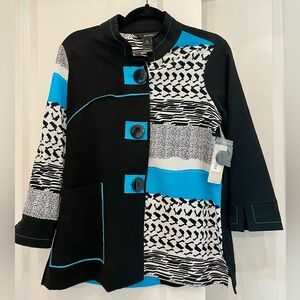 Ali Miles Black and Turquoise Patterned Button Down Top